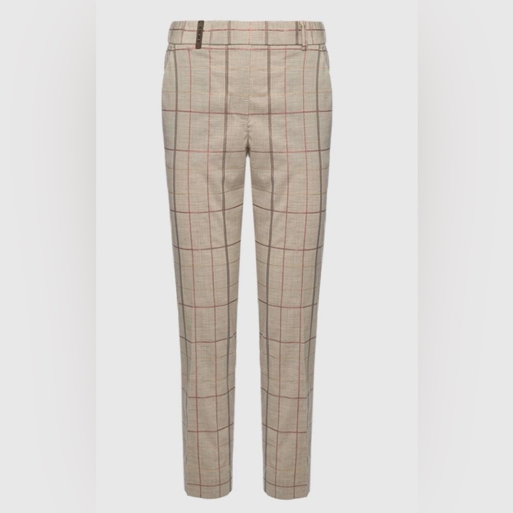 Womens Peserico Tan Plaid Pants with orange and gold metallic detailing.